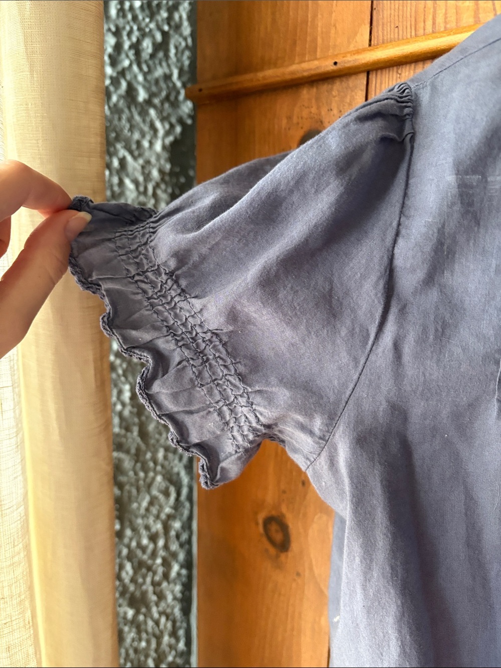 Women's 100% Cotton Blue Ruffle-Trim Button Front Top - Picture 4 of 7